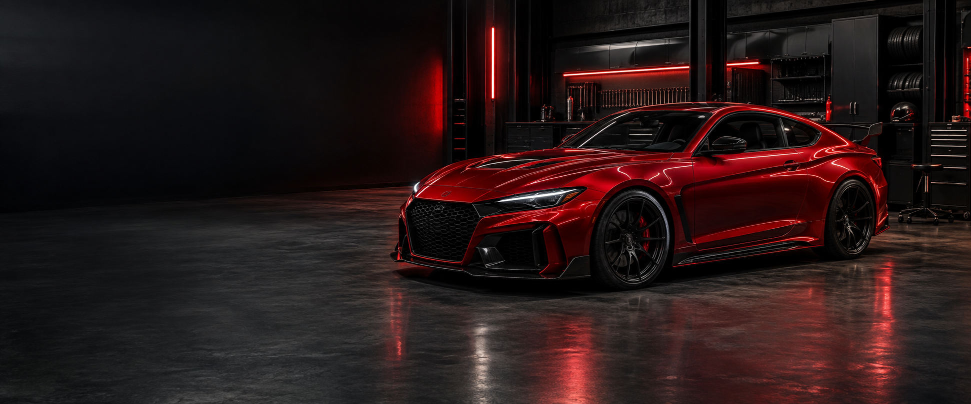 Red customized performance coupe in a sophisticated dark automotive garage.